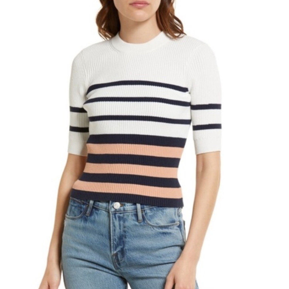 Frame Ribbed Sweater White Stripe Fitted Short Sleeve Pink Clay Multi Large M1
